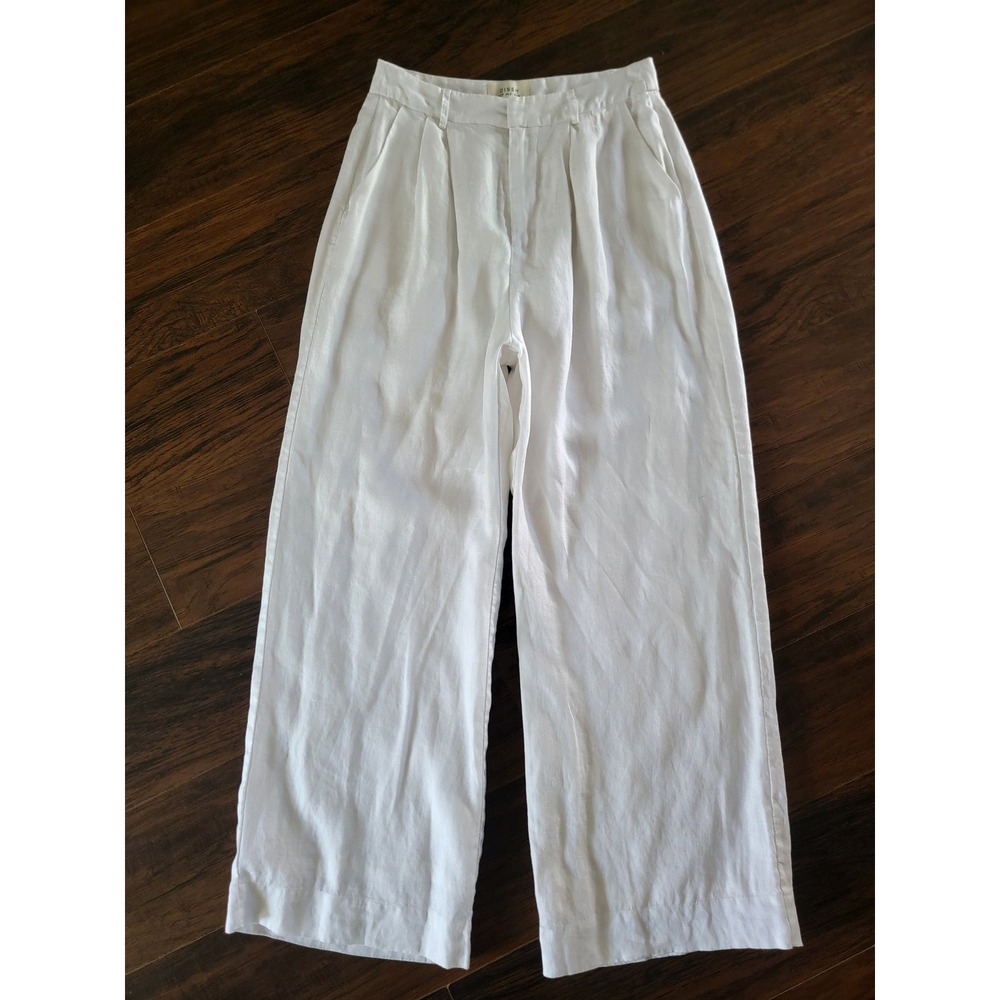 DISSH 100% Linen Off-White Wide Leg Pleated Ankle Pants Trousers High Rise Sz 6